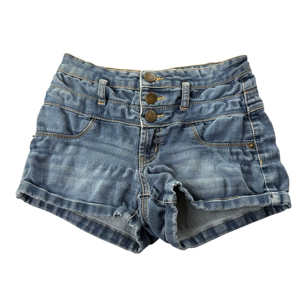 No Boundaries Women's Denim Shorts Size 1 Blue Triple Button Cuffed Stretch
